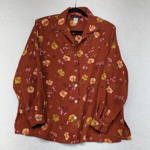 Impressions Floral Button Up Shirt L Rust Peach Yellow Long Sleeve Blouse